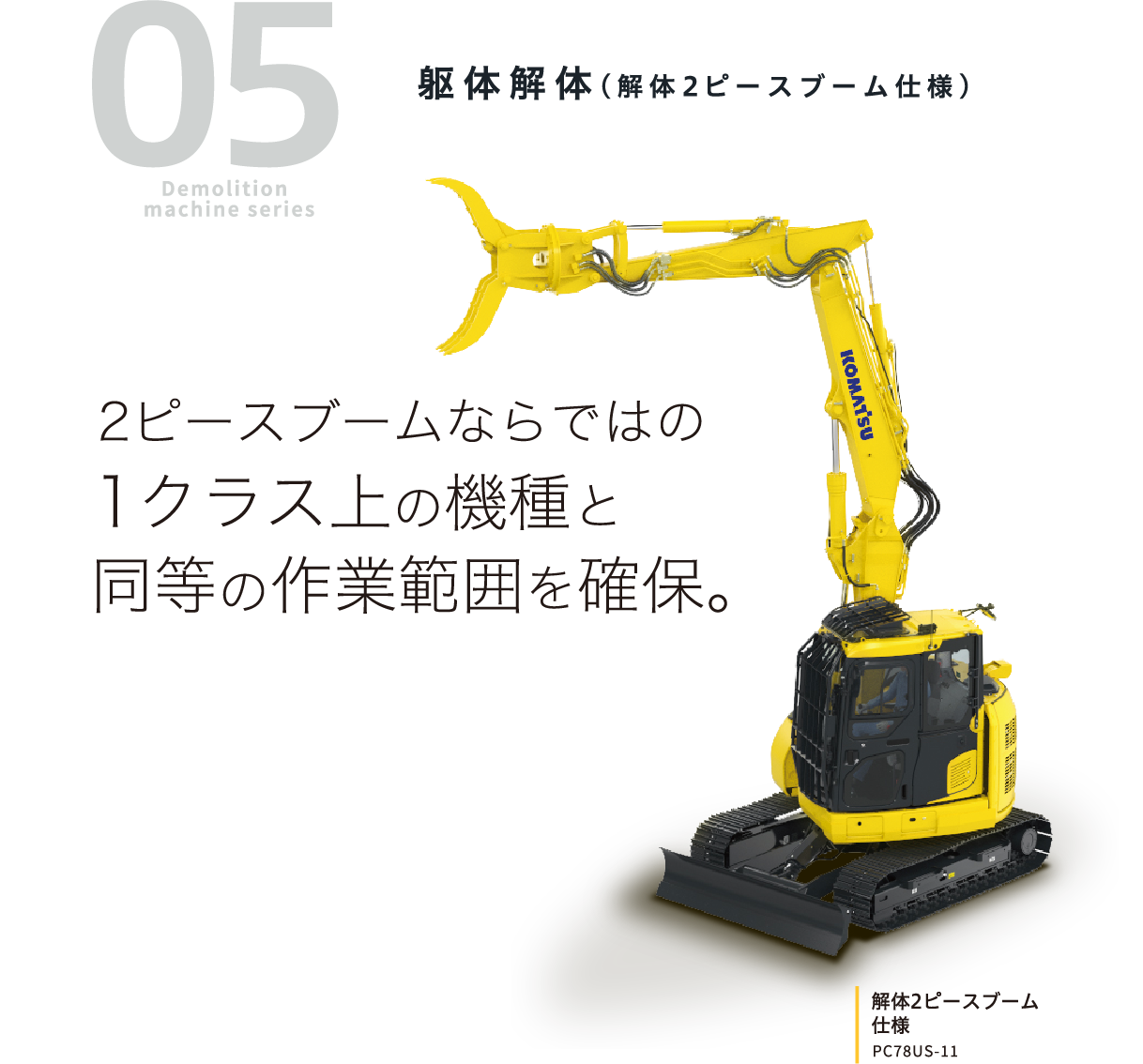 05 Demolition machine series 躯体解体（解体2ピースブーム仕様）２ピースブームならではの1クラス上の機種と同等の作業範囲を確保。解体2ピースブーム仕様 PC78US-11