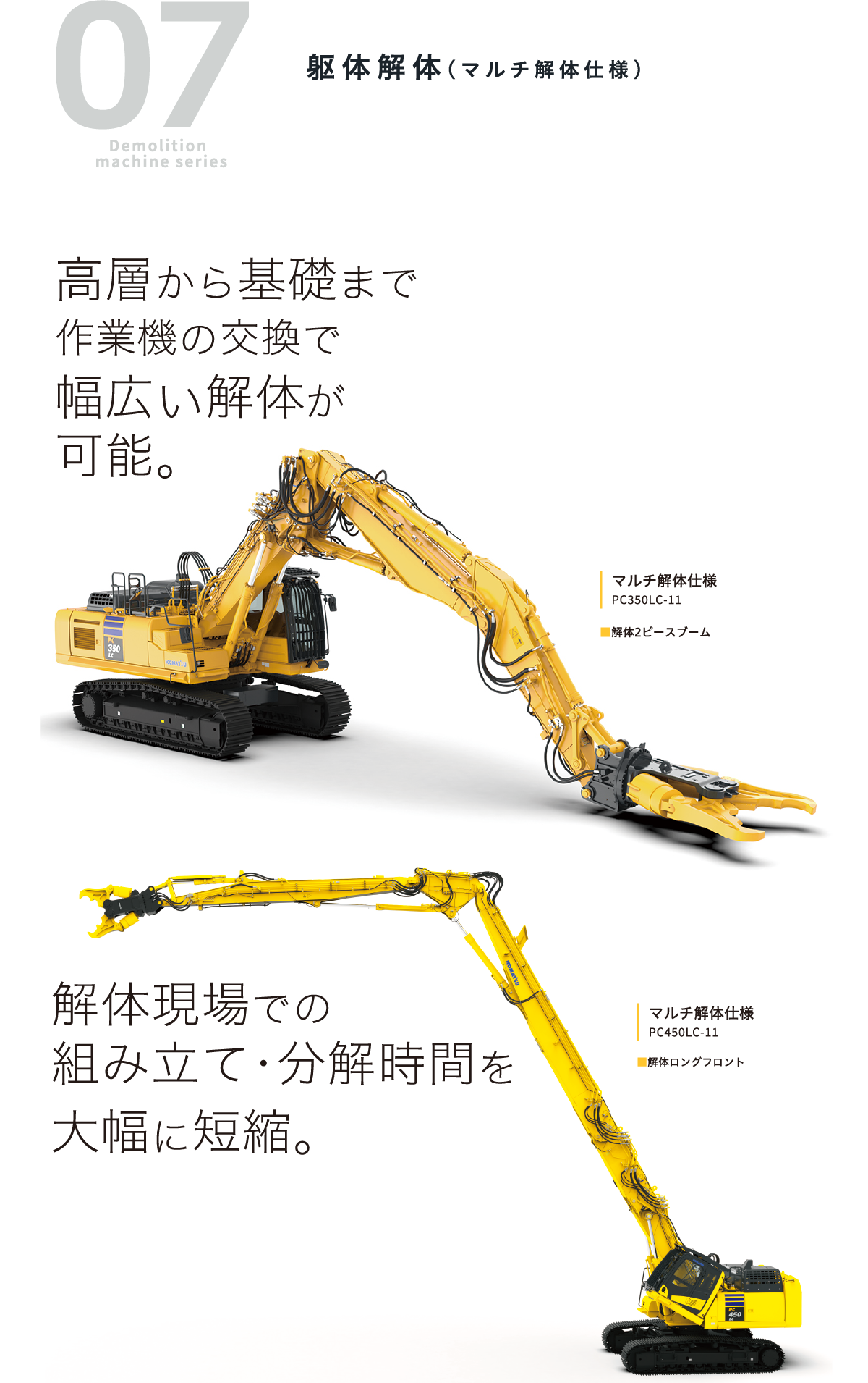 07 Demolition machine series 躯体解体（マルチ解体仕様）高層から基礎まで作業機の交換で幅広い解体が可能。マルチ解体仕様 PC350LC-11 ■解体2ピースブーム 解体現場での
							組み立て・分解時間を大幅に短縮。マルチ解体仕様 PC450LC-11 ■解体ロングフロント