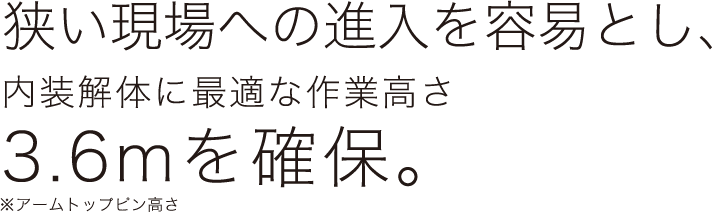 狭い現場への進入を容易とし、内装解体に最適な作業高さ3.6mを確保。※アームトップピン高さ