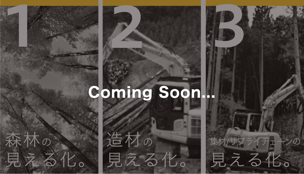 1 森林の見える化。2 造材の見える化。 3 集材/サプライチェーンの見える化。Coming Soon...